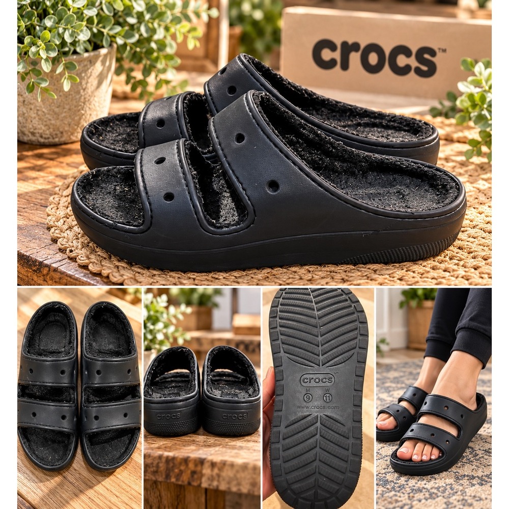 Crocs Classic Cozzzy Sandal Black Faux Fur Lined Two Strap Slide Mens 9 Women 11